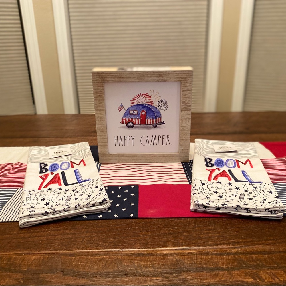 Rae Dunn Happy Camper Patriotic Sign & Patriotic Boom Y’all Kitchen Towels Set